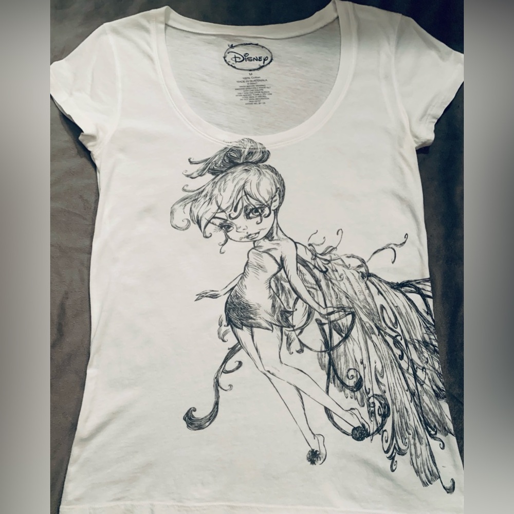 Disney White Tinkerbell Sketch Tee • Scoop Neck • Short Sleeves • Sz. M